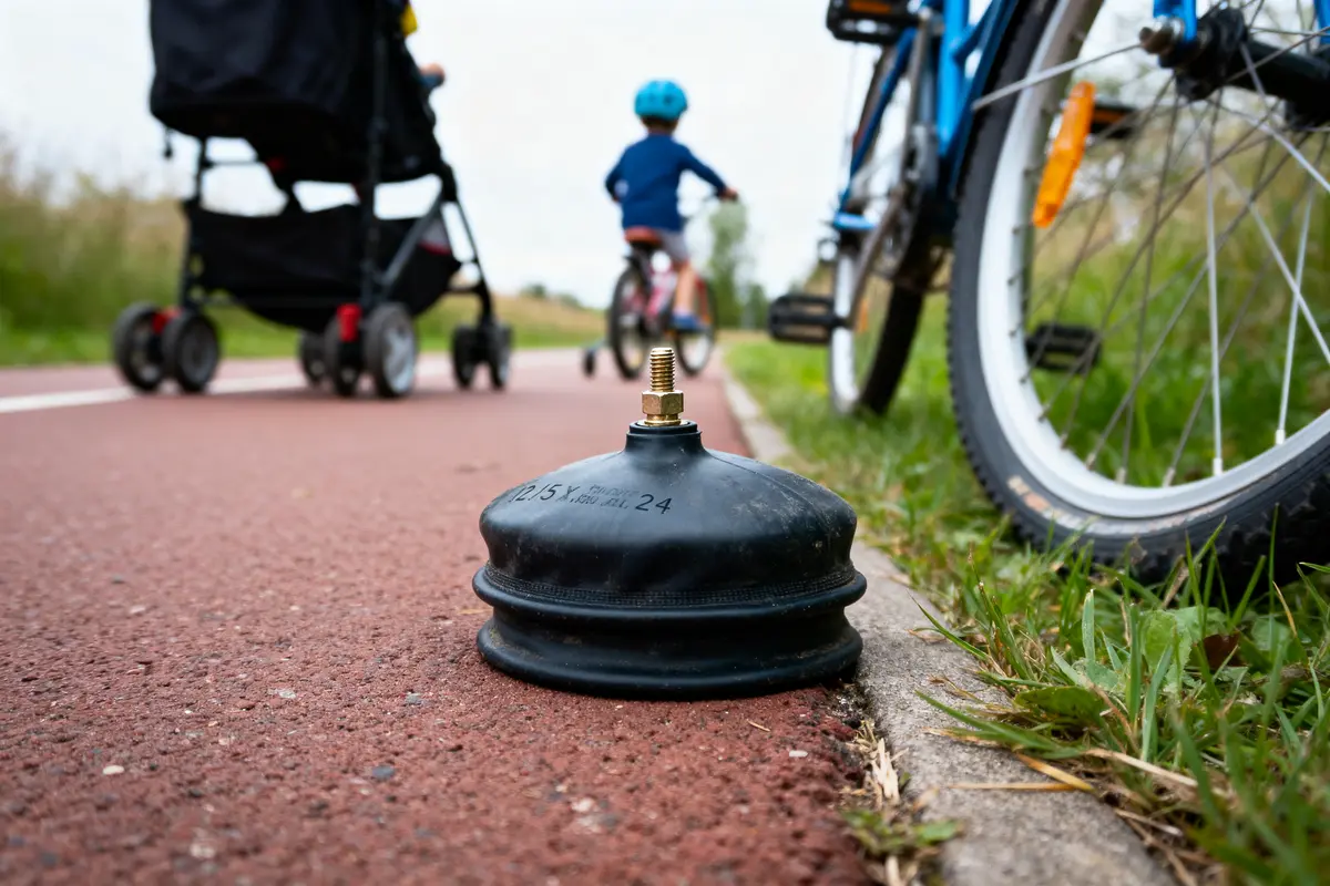 Chambre à air éclatée sur une piste cyclable, poussette et vélo en arrière-plan.