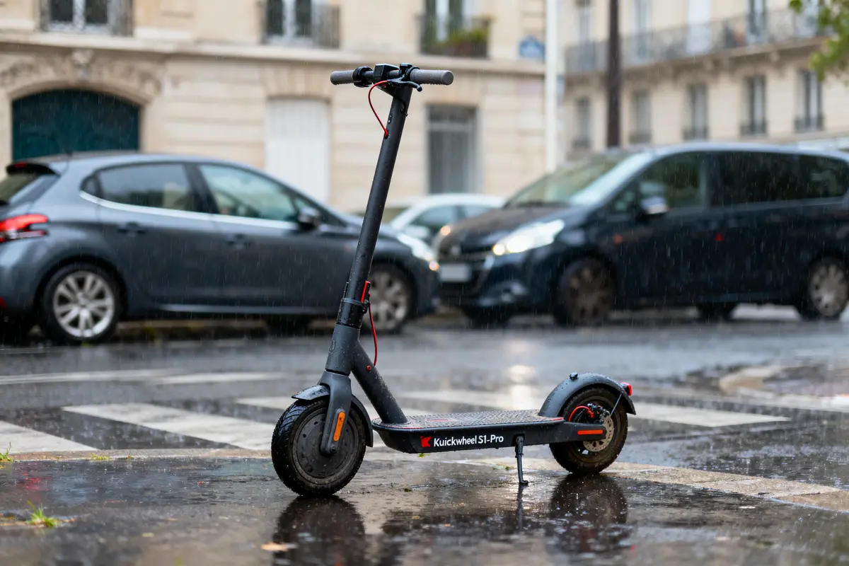 Trottinette électrique noire sous la pluie, stationnée sur trottoir mouillé, voitures en arrière-plan flou.