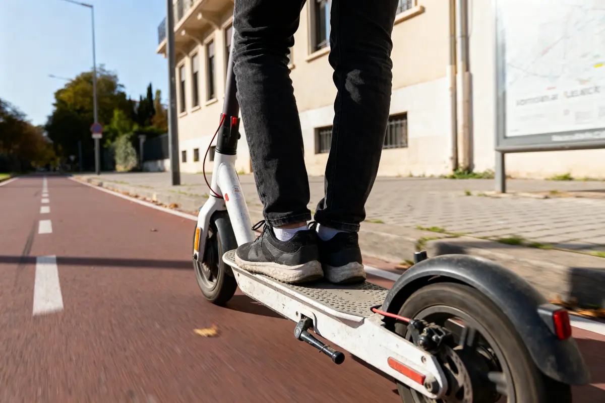 Personne en trottinette électrique sur une piste cyclable, portant des chaussures noires, bâtiment et trottoir en arrière-plan.