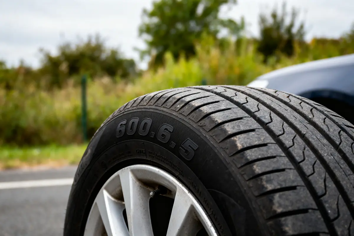 Gros plan sur un pneu de voiture, montrant détails de la texture et de la jante, route et nature.