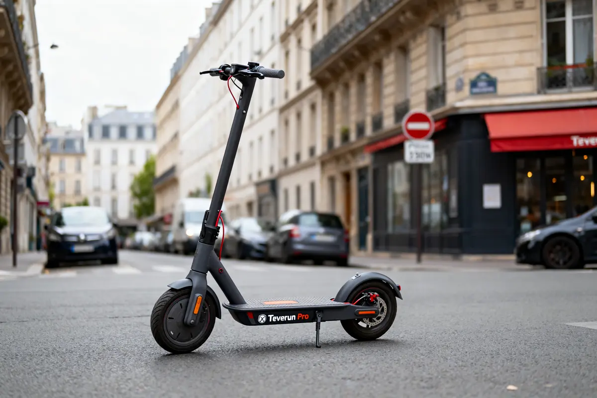 Trottinette électrique noire stationnée dans une rue urbaine bordée de bâtiments historiques.