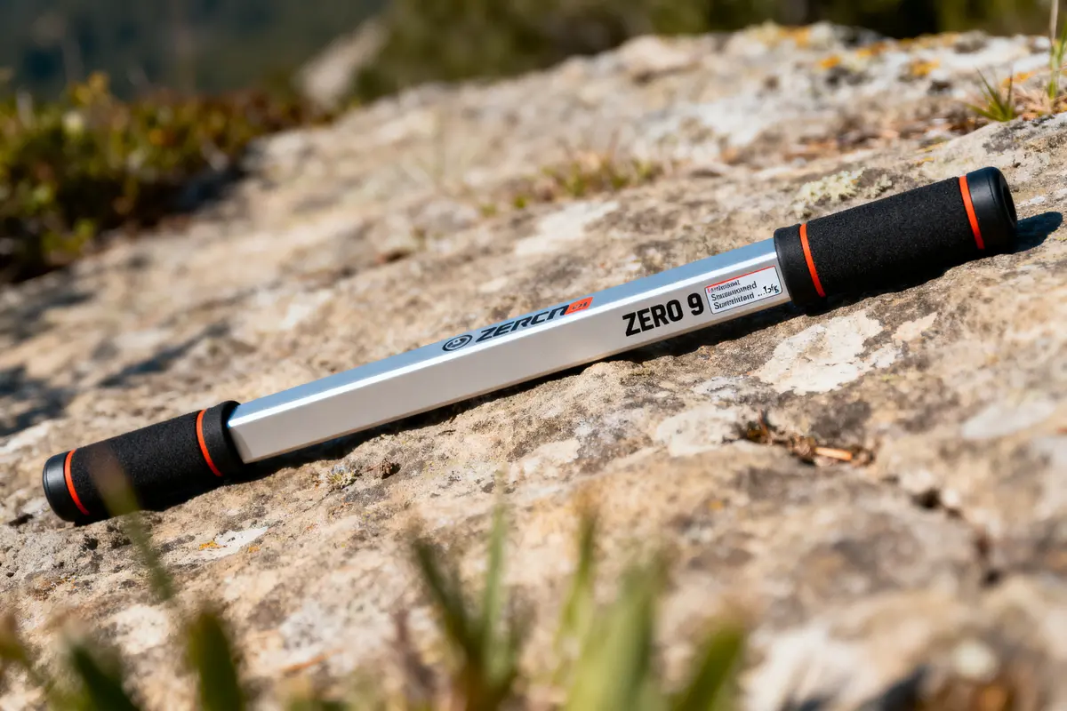 Bâton de marche Zero 9 posé sur un sol rocheux en extérieur ensoleillé.