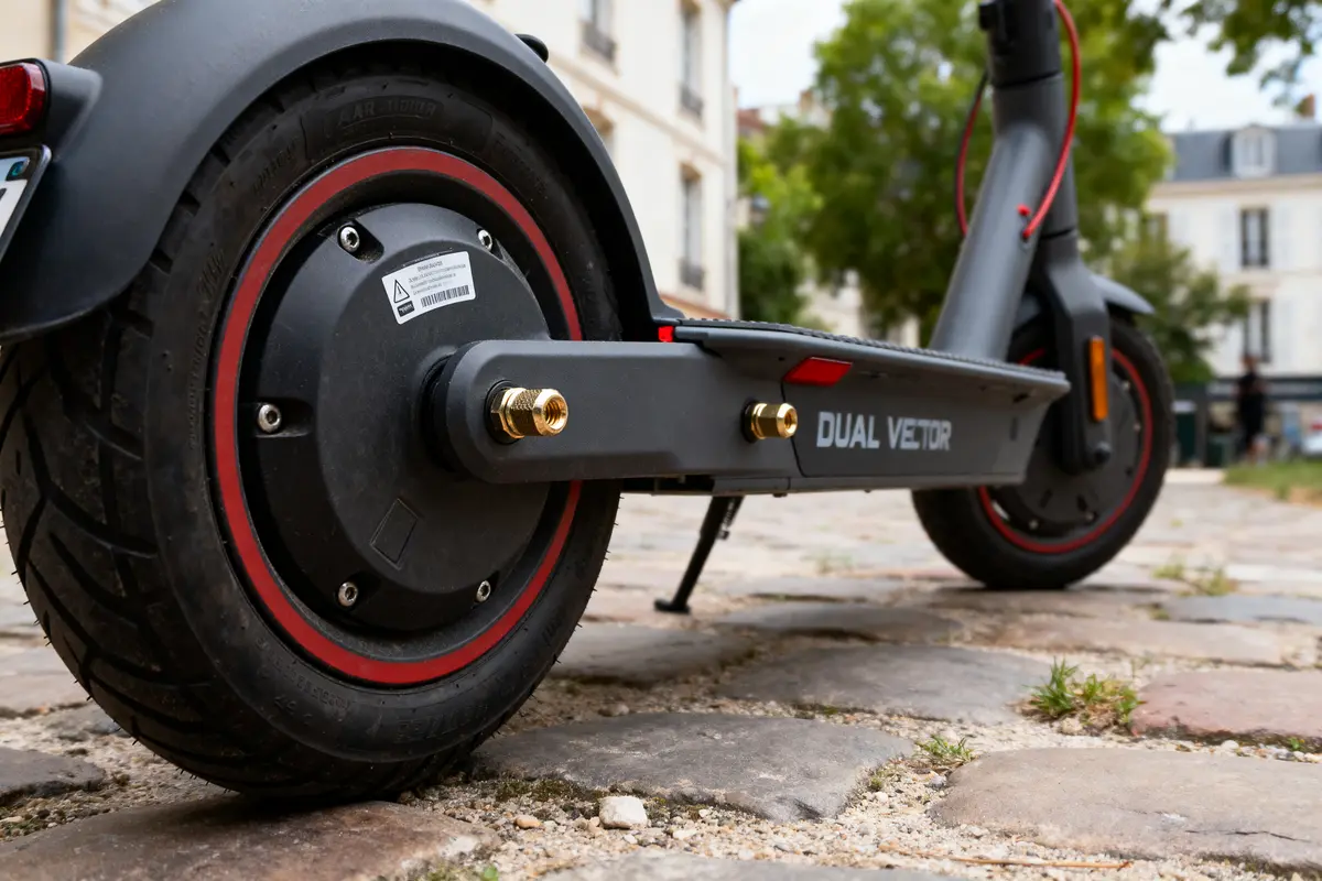 Trottinette électrique grise sur chemin pavé, arborant roues noires avec bordure rouge et inscription "DUAL VEKTOR".