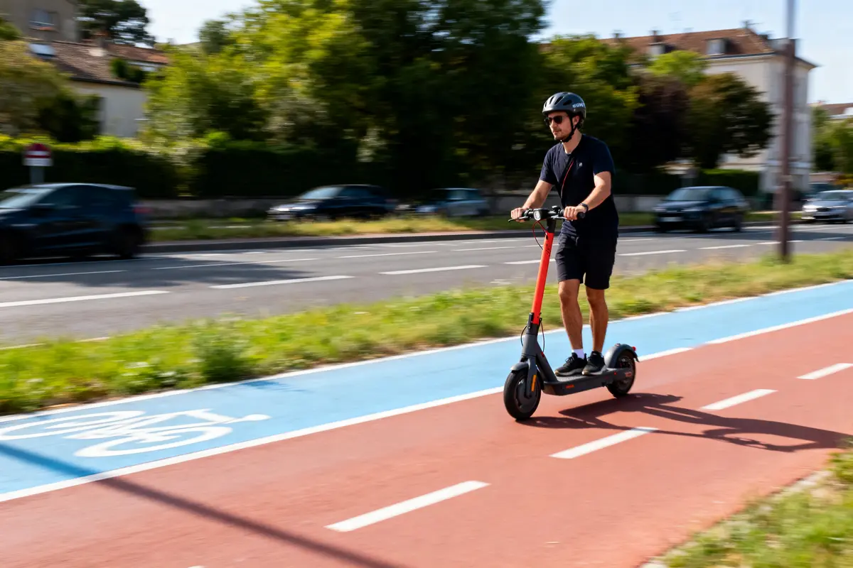 Homme en trottinette électrique sur piste cyclable, portant casque, entouré d'herbe et voitures en arrière-plan.