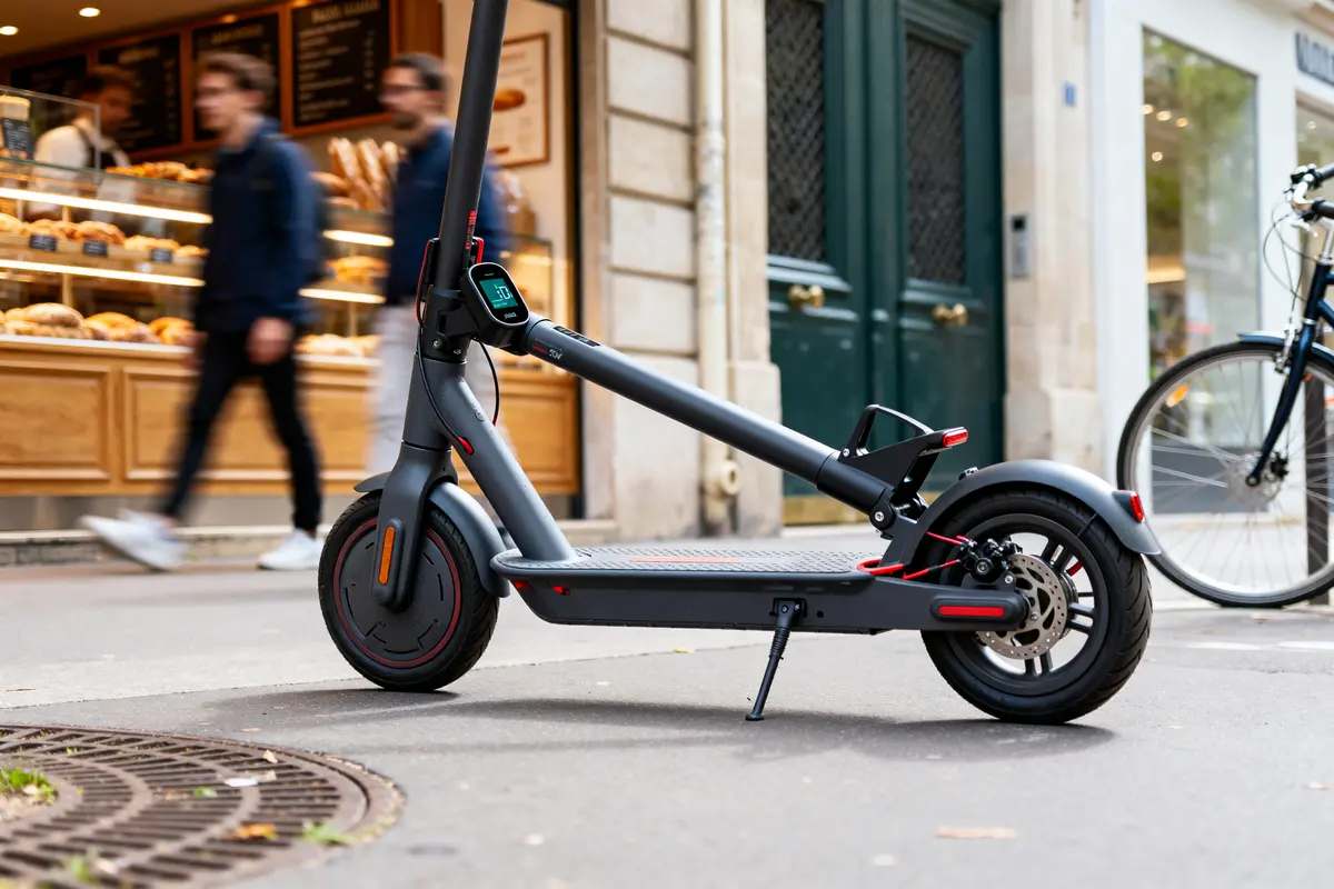 Trottinette électrique Ninebot stationnée devant une boulangerie avec passants flous en arrière-plan